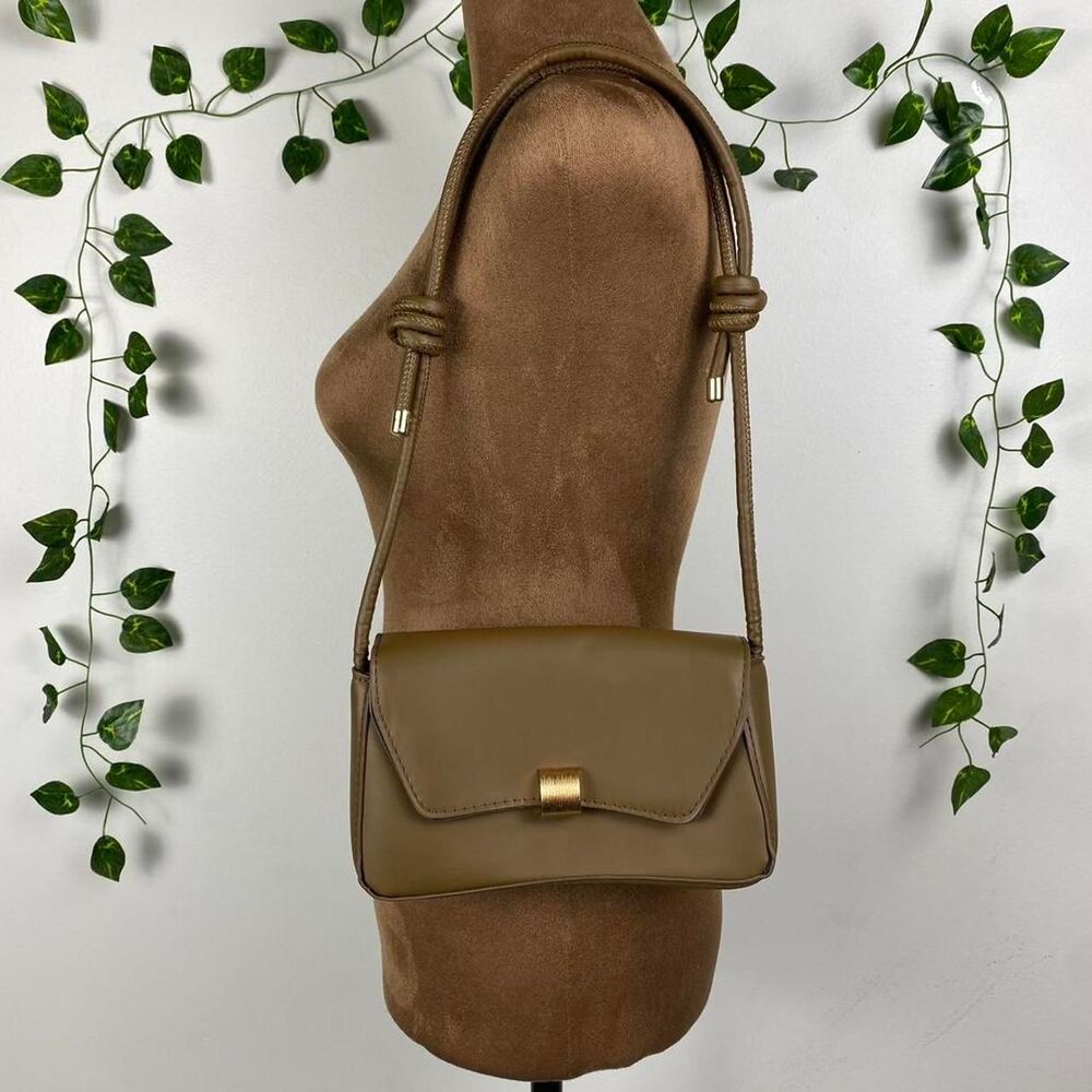 Brown faux leather shoulder bag knotted cord straps gold clasp western boho